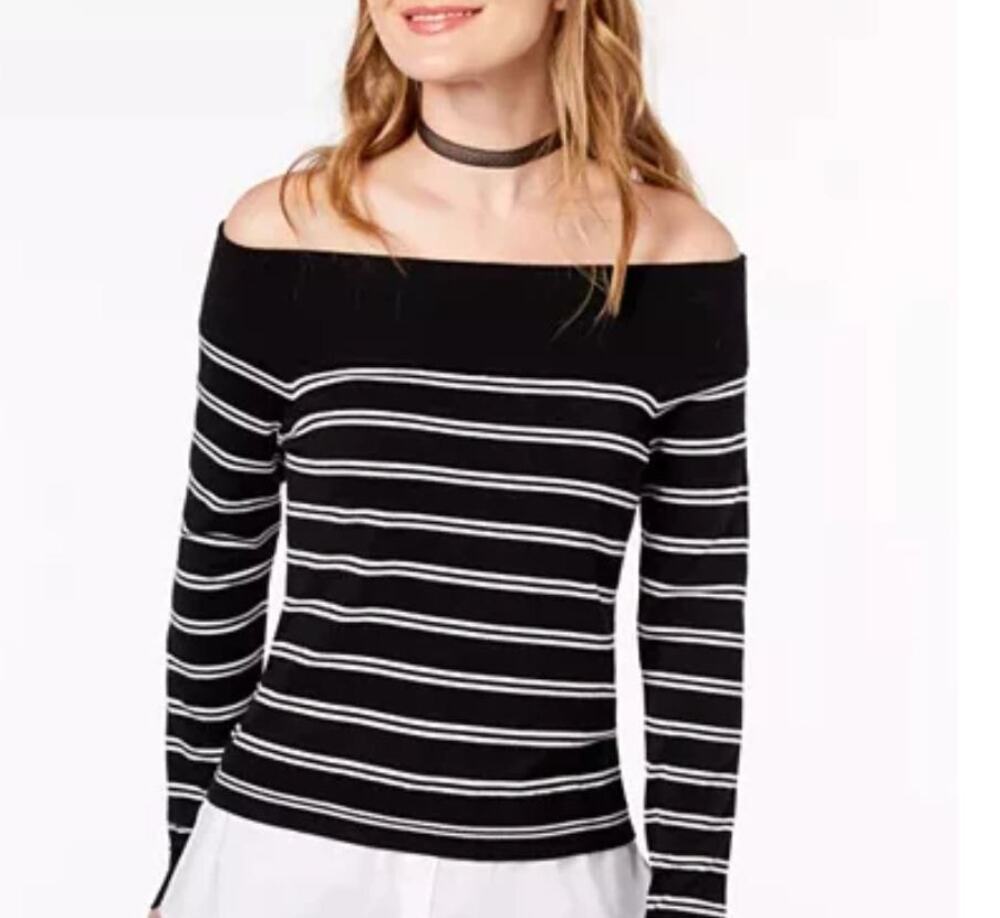 INC International Concepts B/W Striped Off Shoulder Layered Sweater Shirt, Sz L